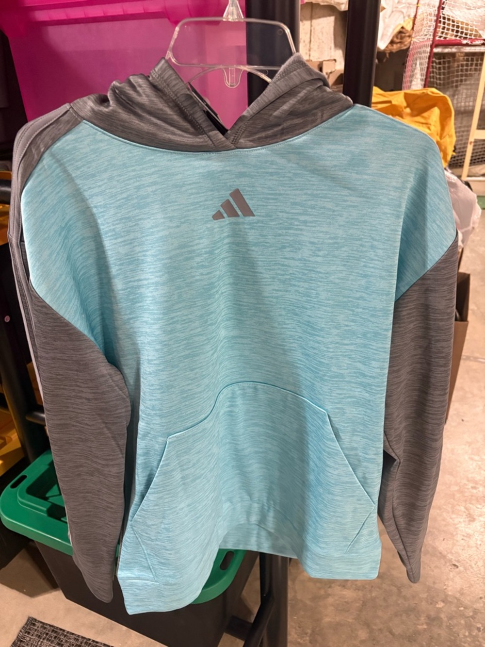 adidas Gray & Light Blue Hoodie with Size Tag Visible